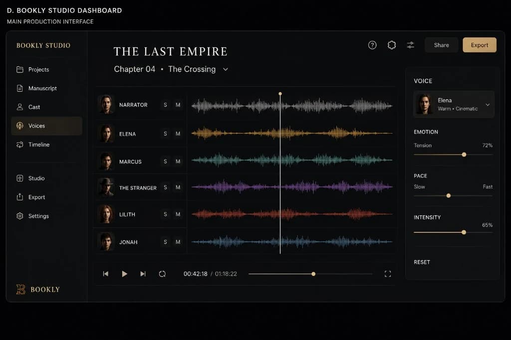 Bookly studio production interface for The Last Empire, Chapter Four, with a multi-voice timeline